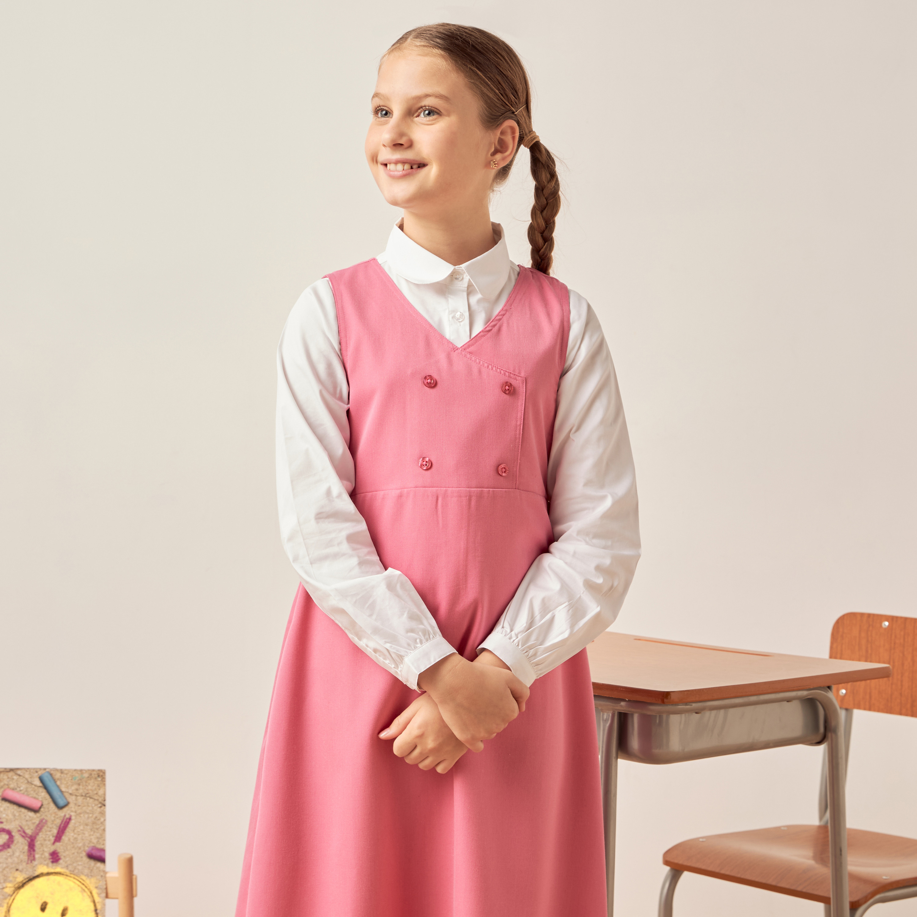 Juniors Solid Pinafore with V-neck and Button Detail-girls-clothing-dressesandjumpsuits-image-3
