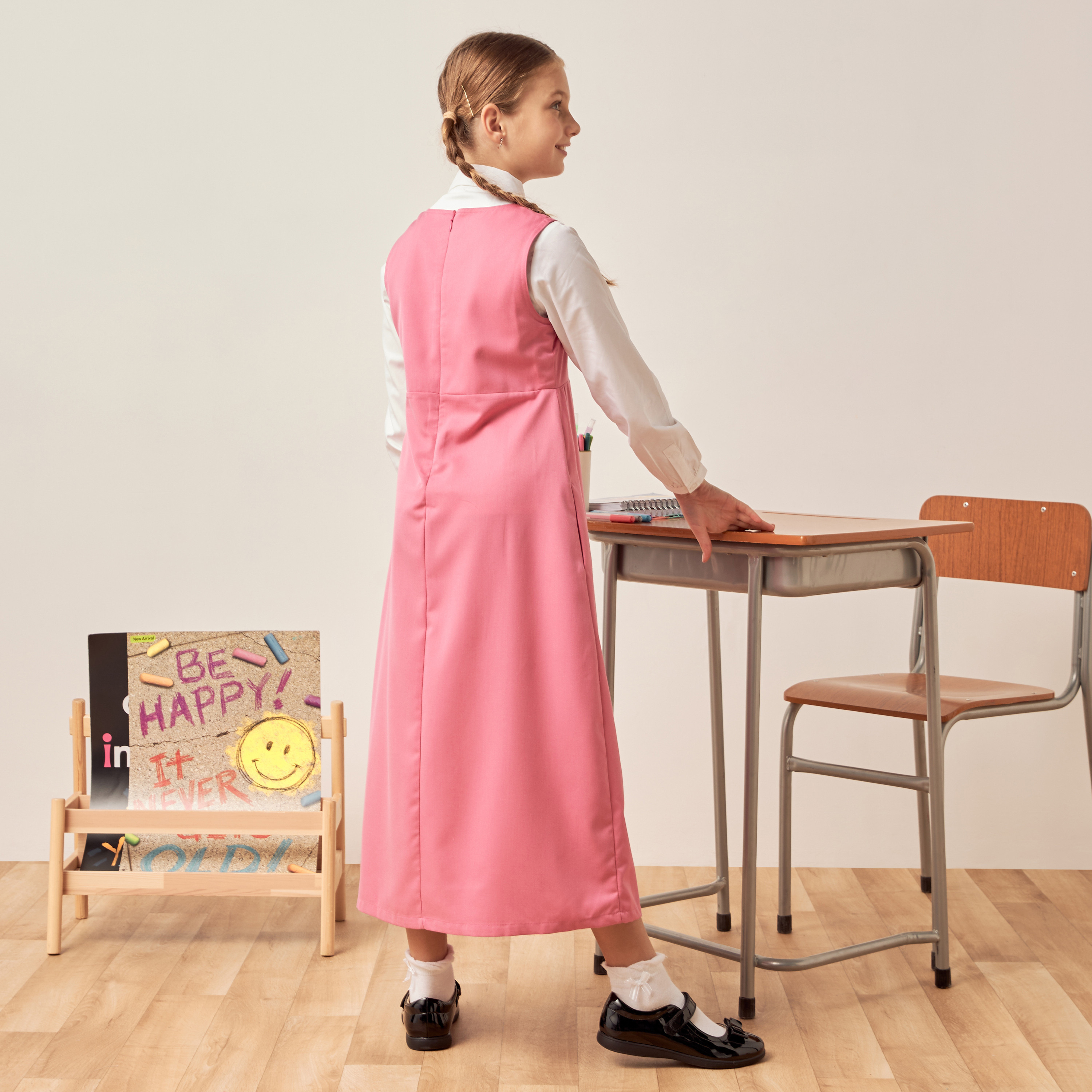 Juniors Solid Pinafore with V-neck and Button Detail-girls-clothing-dressesandjumpsuits-image-4