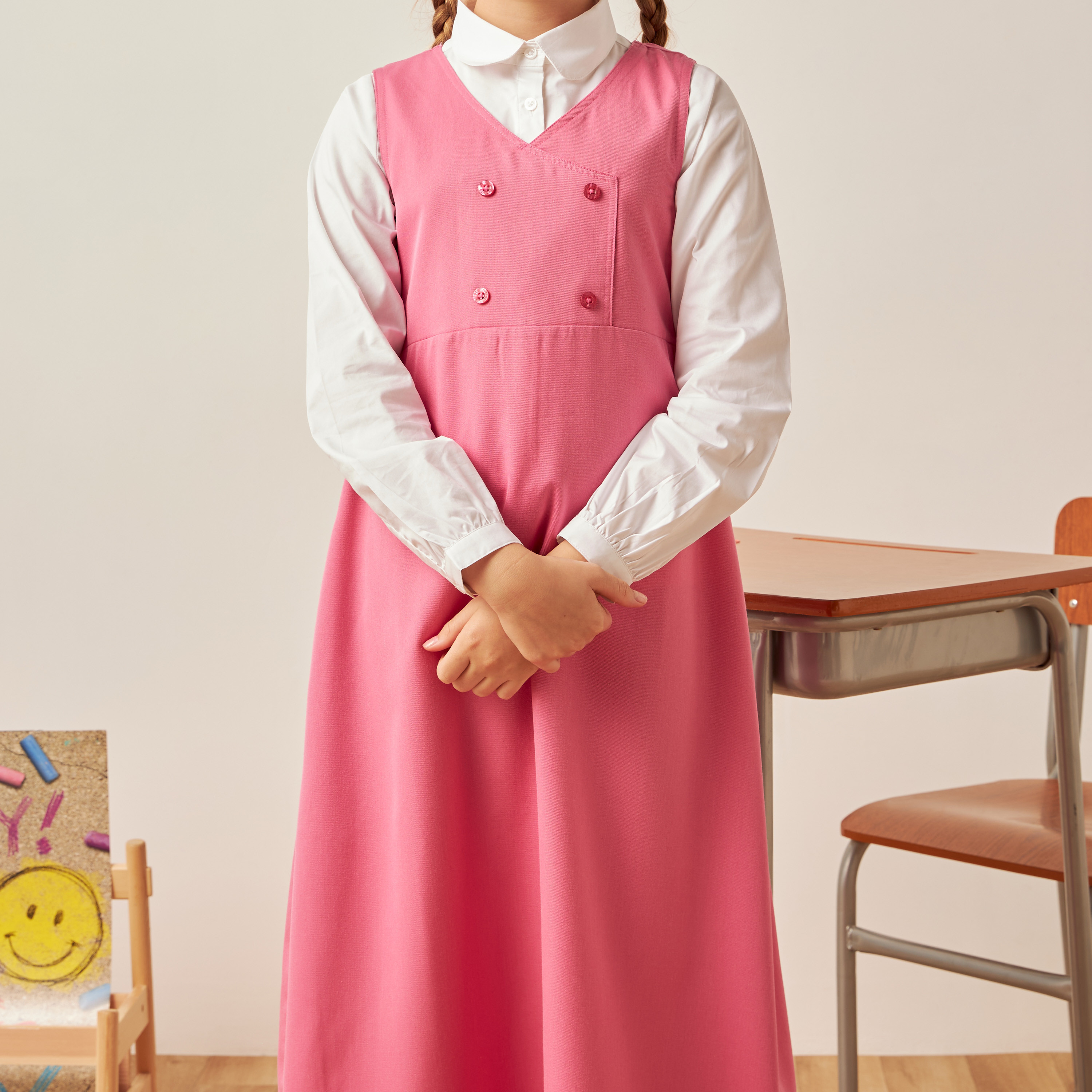Juniors Solid Pinafore with V-neck and Button Detail-girls-clothing-dressesandjumpsuits-image-5