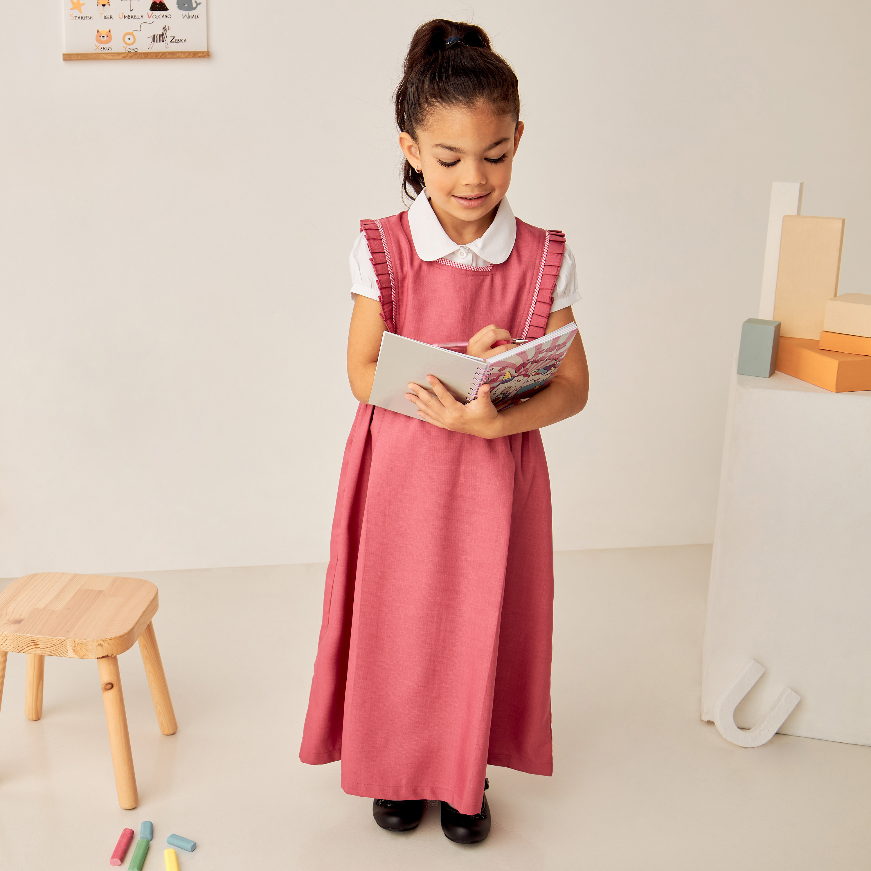 Juniors Solid Square Neck Pinafore with Checked and Pleated Trims-girls-clothing-dressesandjumpsuits-image-2