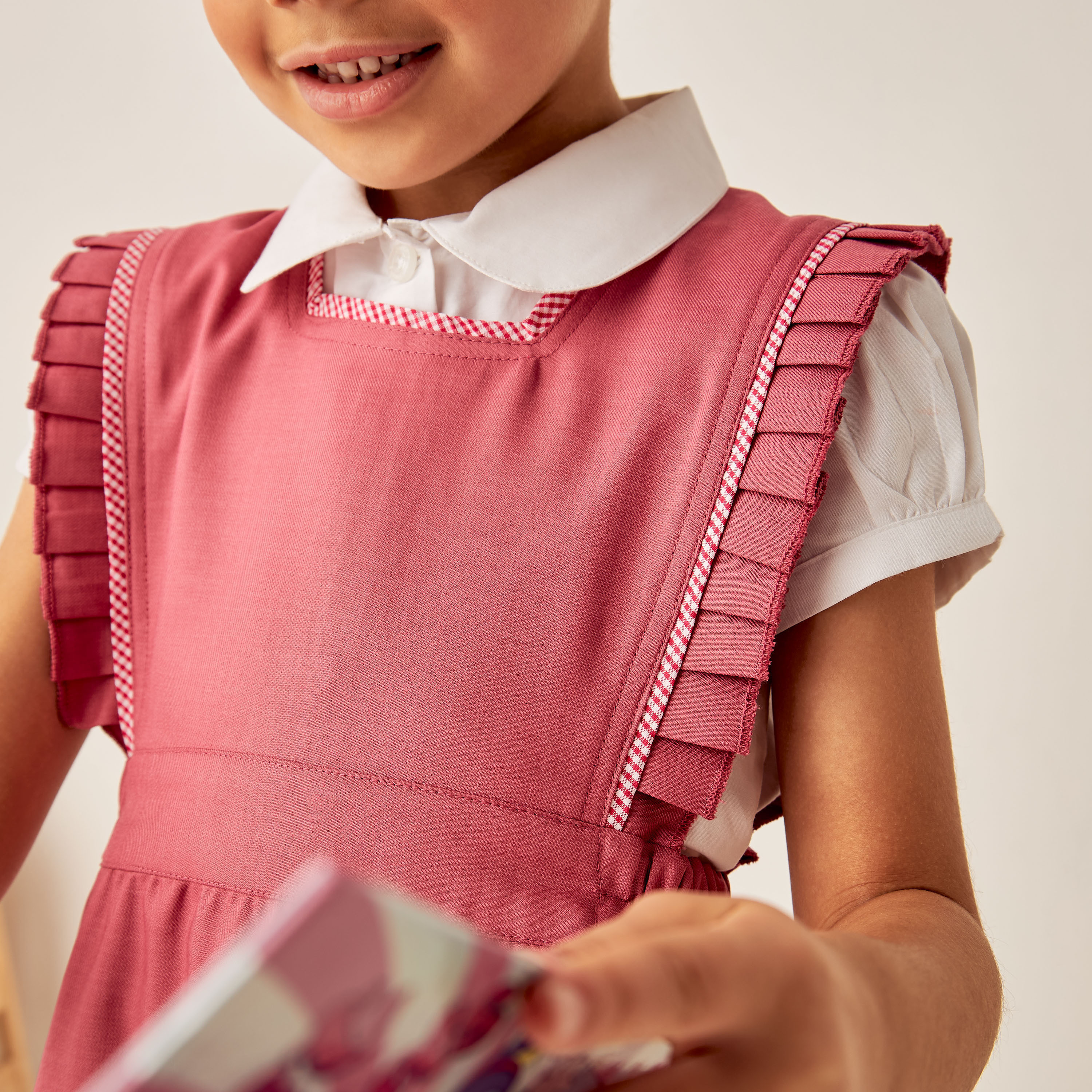 Juniors Solid Square Neck Pinafore with Checked and Pleated Trims-girls-clothing-dressesandjumpsuits-image-3