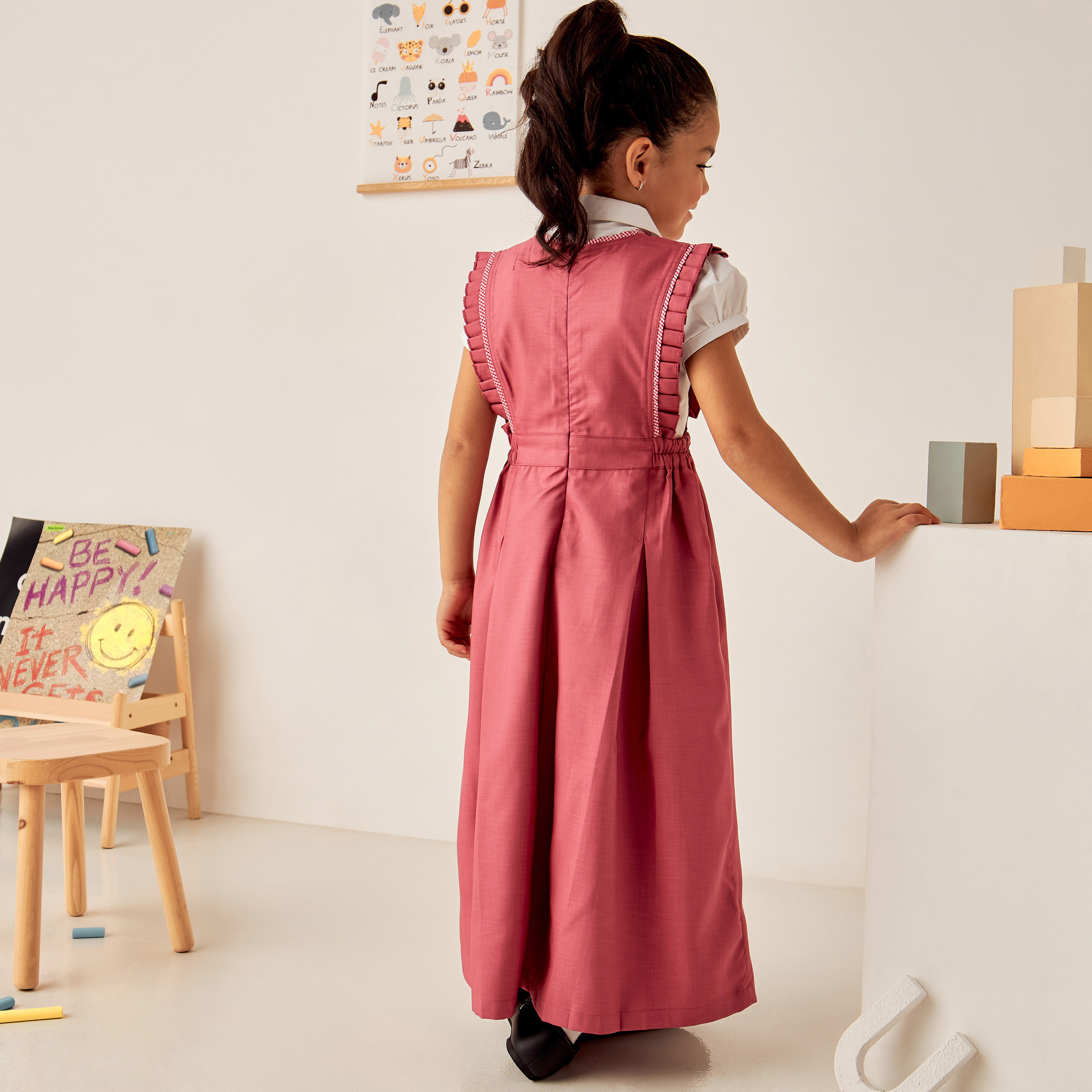 Juniors Solid Square Neck Pinafore with Checked and Pleated Trims-girls-clothing-dressesandjumpsuits-image-4