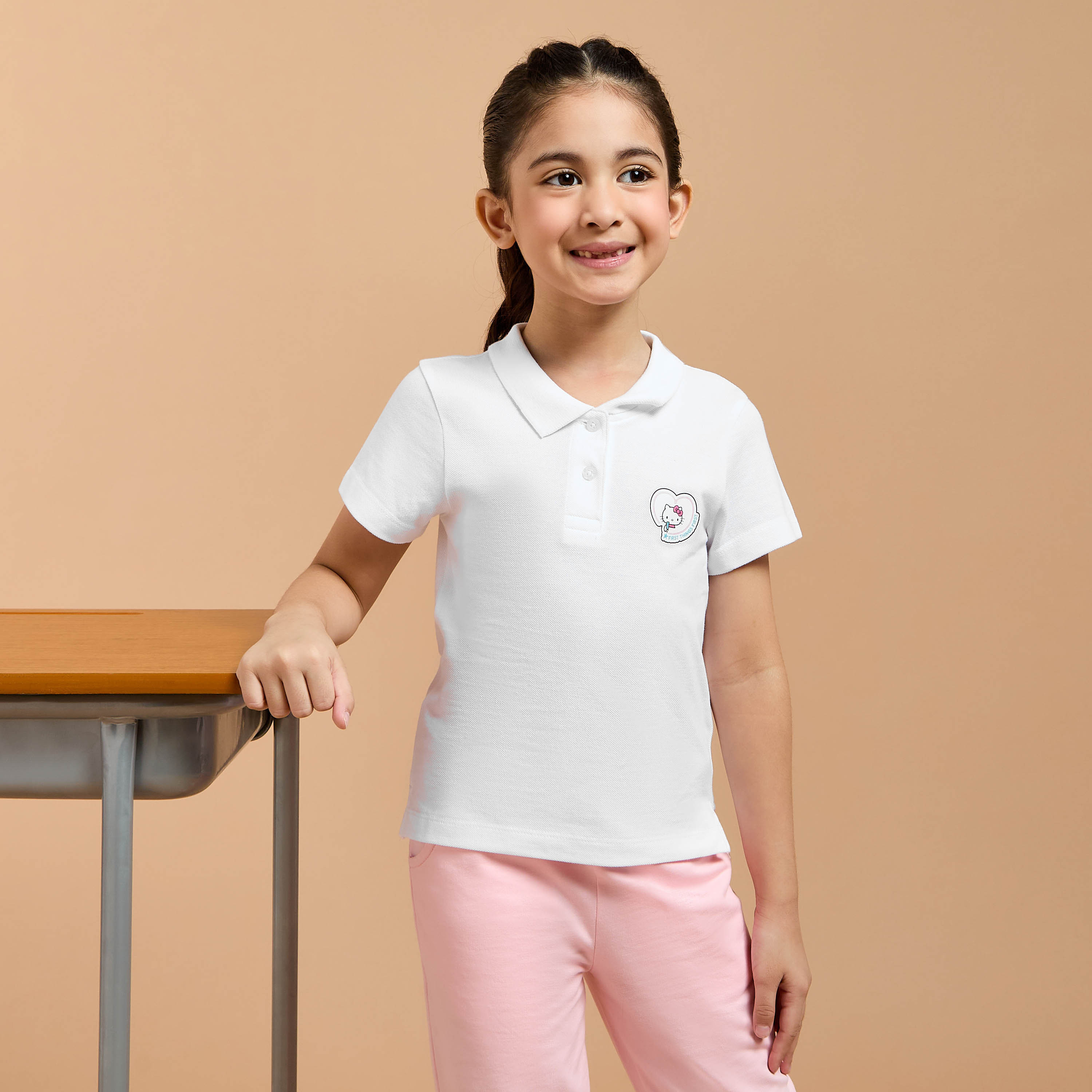 Sanrio Hello Kitty Print Polo T-shirt with Short Sleeves-girls-clothing-tshirts-image-1