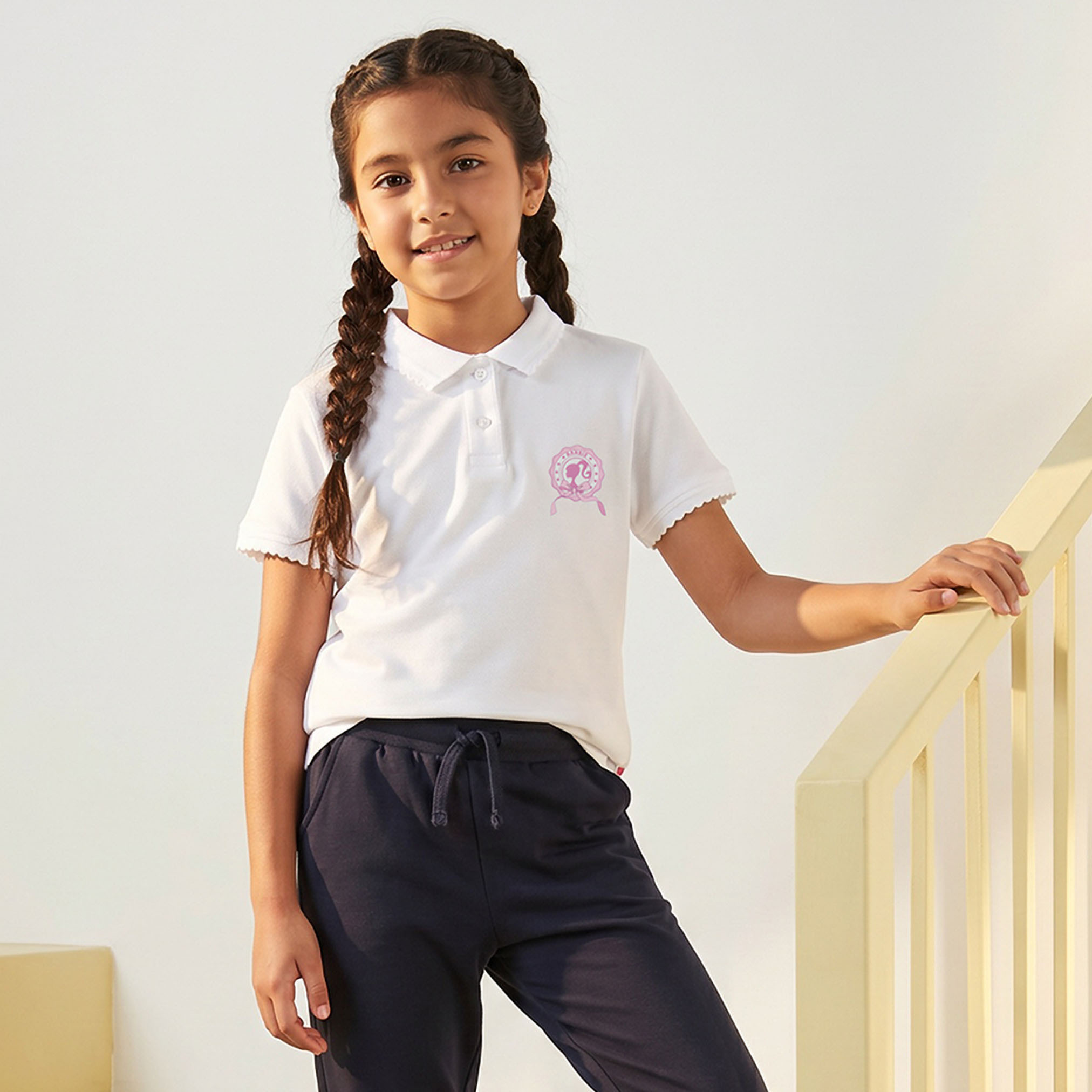 Collared Short Sleeves T-shirt with Barbie Print-girls-clothing-schoolwear-tshirts-image-1