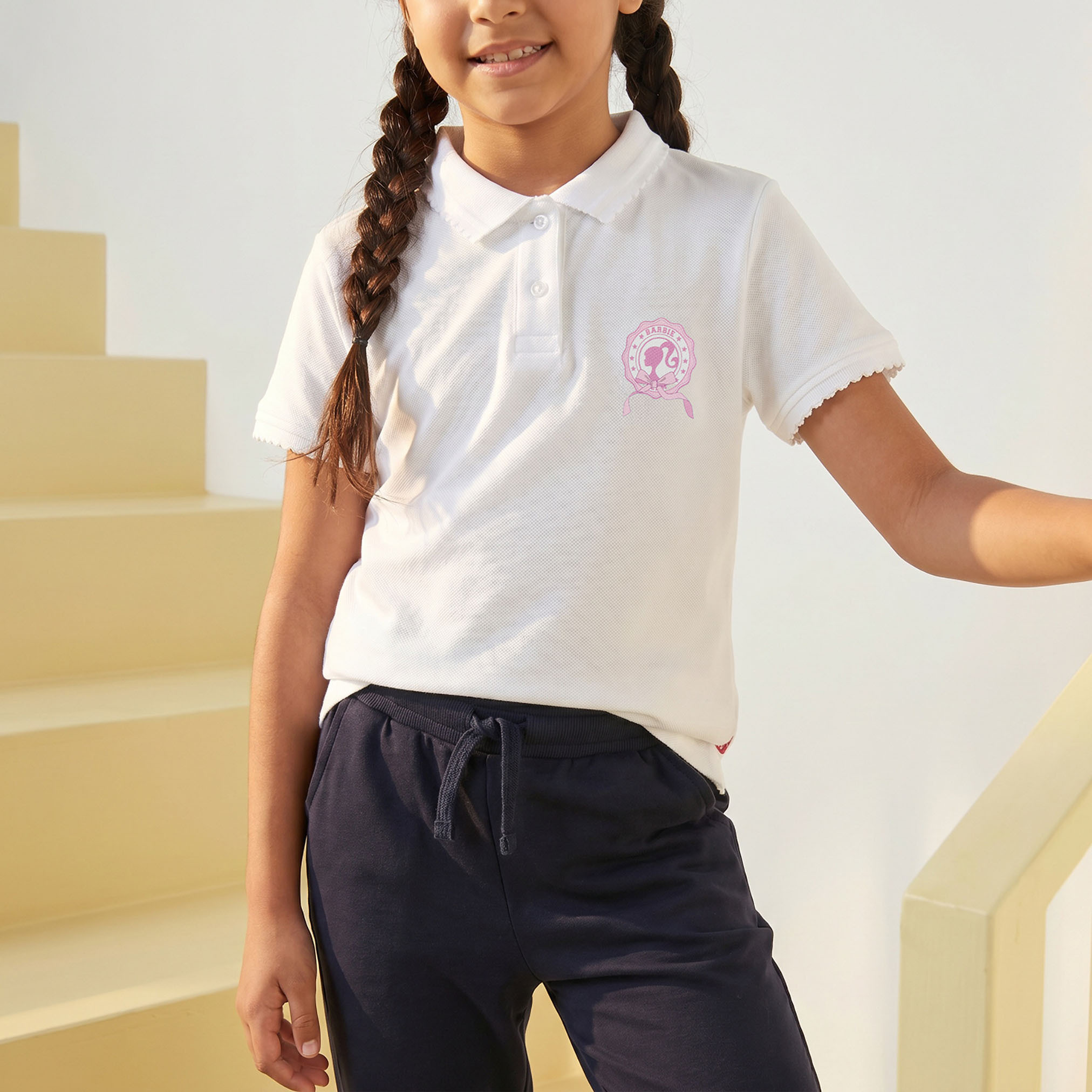 Collared Short Sleeves T-shirt with Barbie Print-girls-clothing-schoolwear-tshirts-image-5