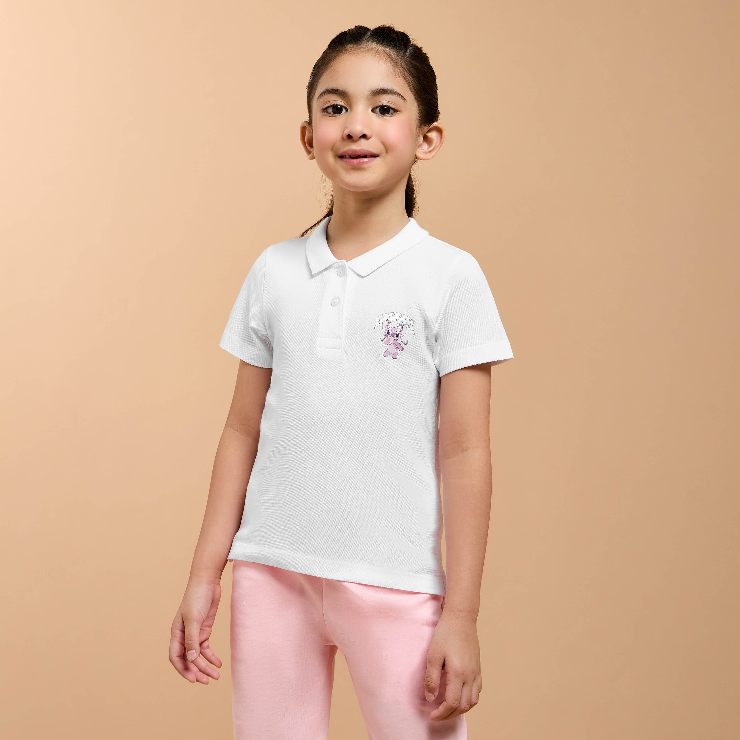 Angel Print Polo T-shirt with Short Sleeves-girls-clothing-tshirts-image-1