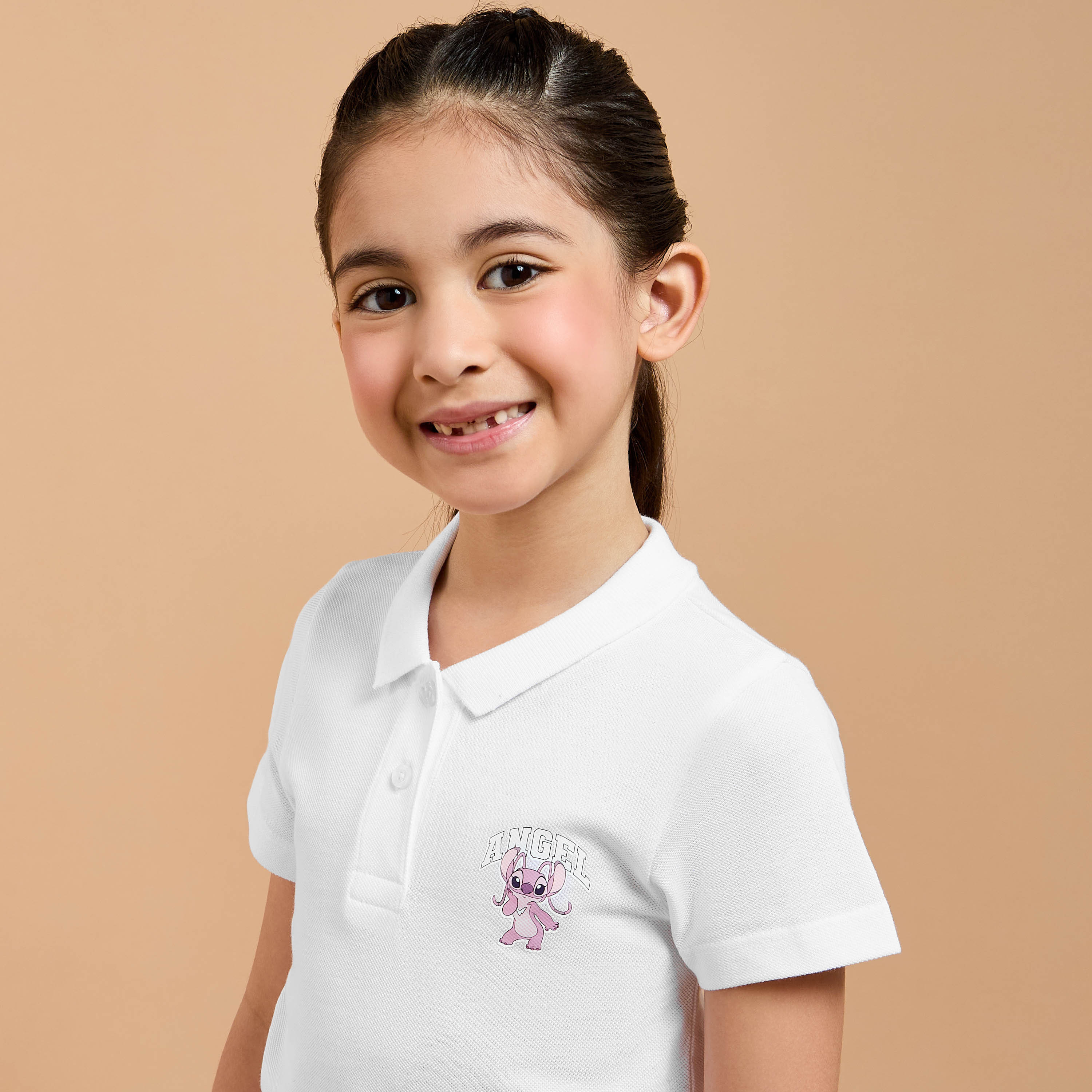 Angel Print Polo T-shirt with Short Sleeves-girls-clothing-tshirts-image-4