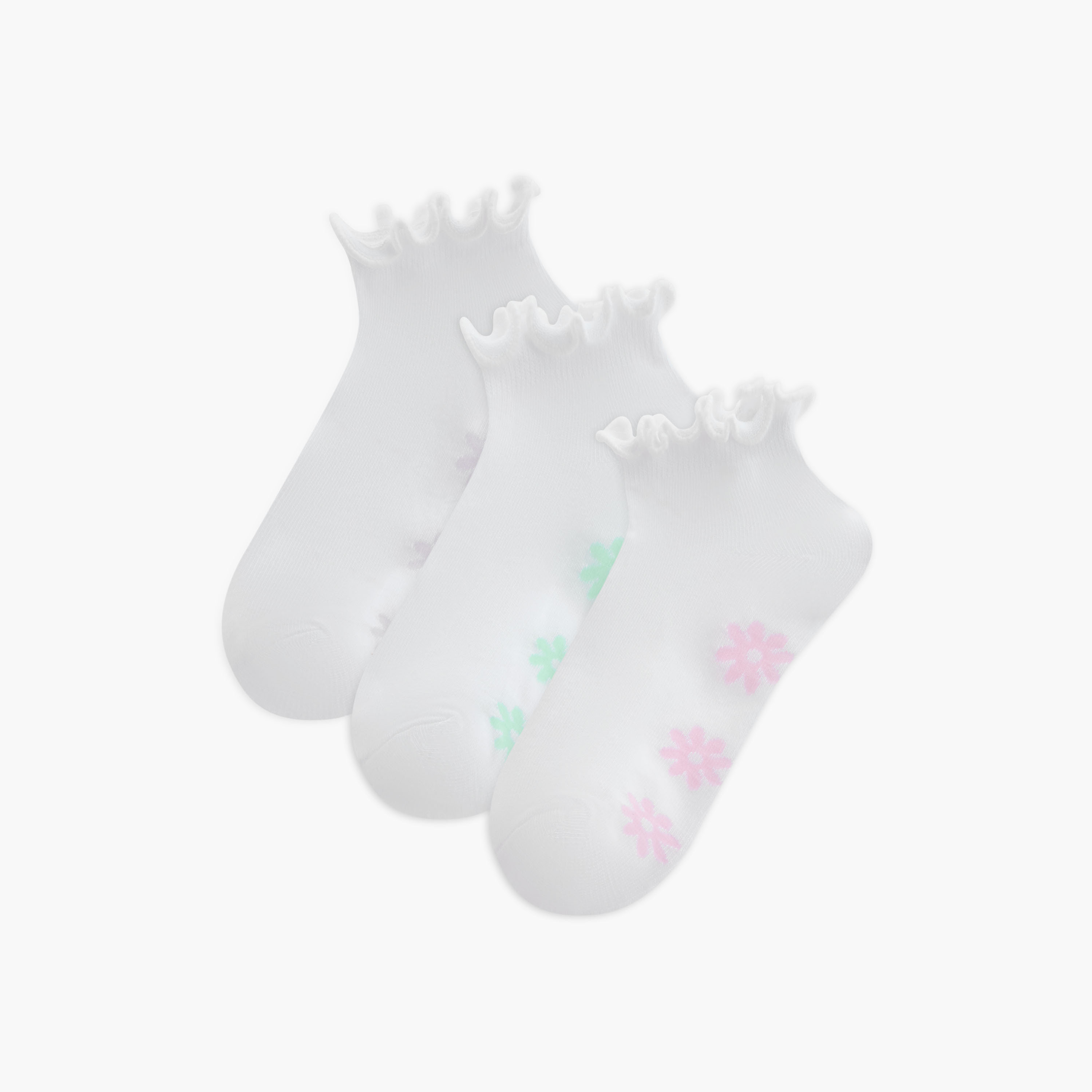 Juniors Floral Print Ankle Length Socks with Lettuce Hem - Set of 3-girls-accessories-socks-image-1