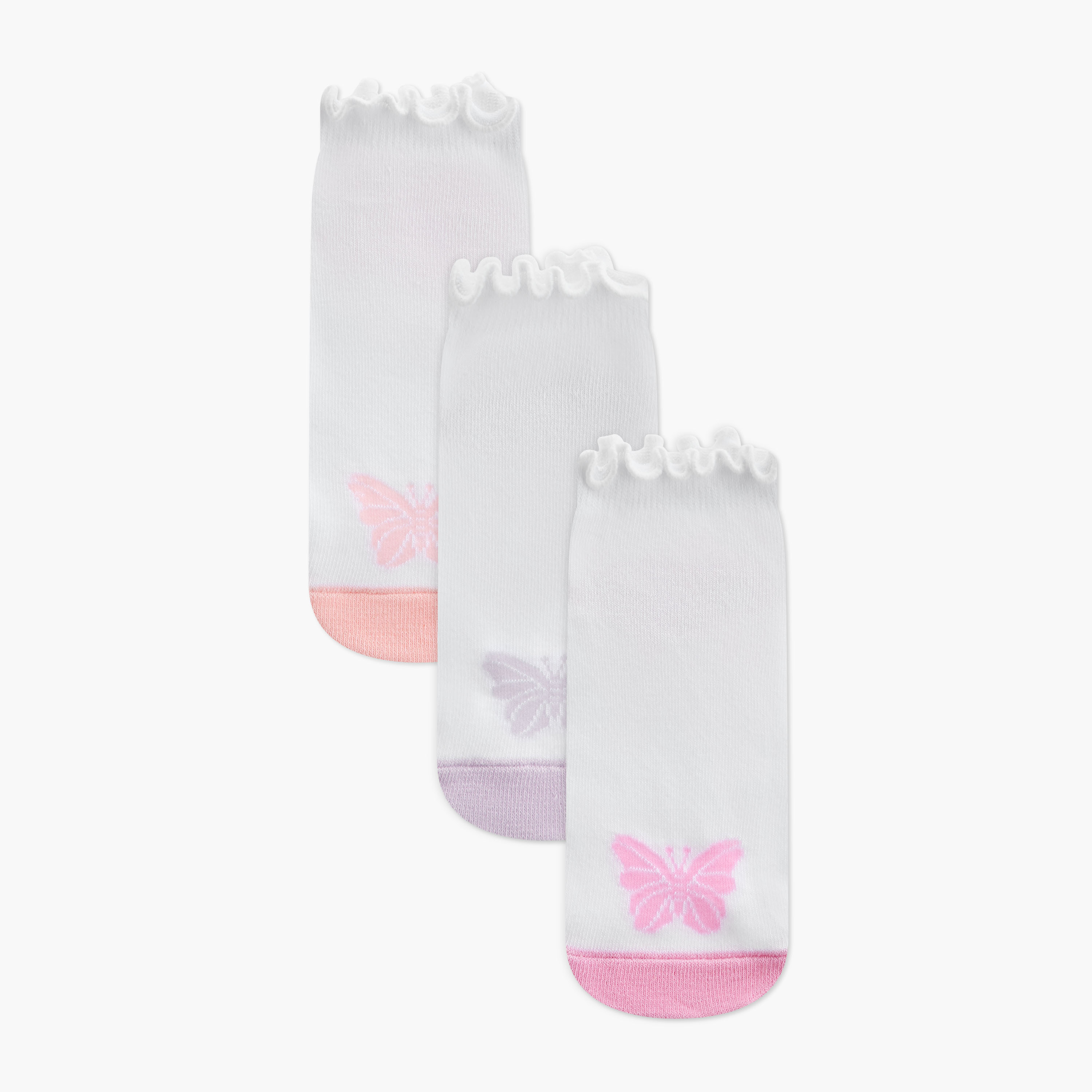 Juniors Butterfly Print Ankle Length Socks with Lettuce Hem - Set of 3-girls-accessories-socks-image-1