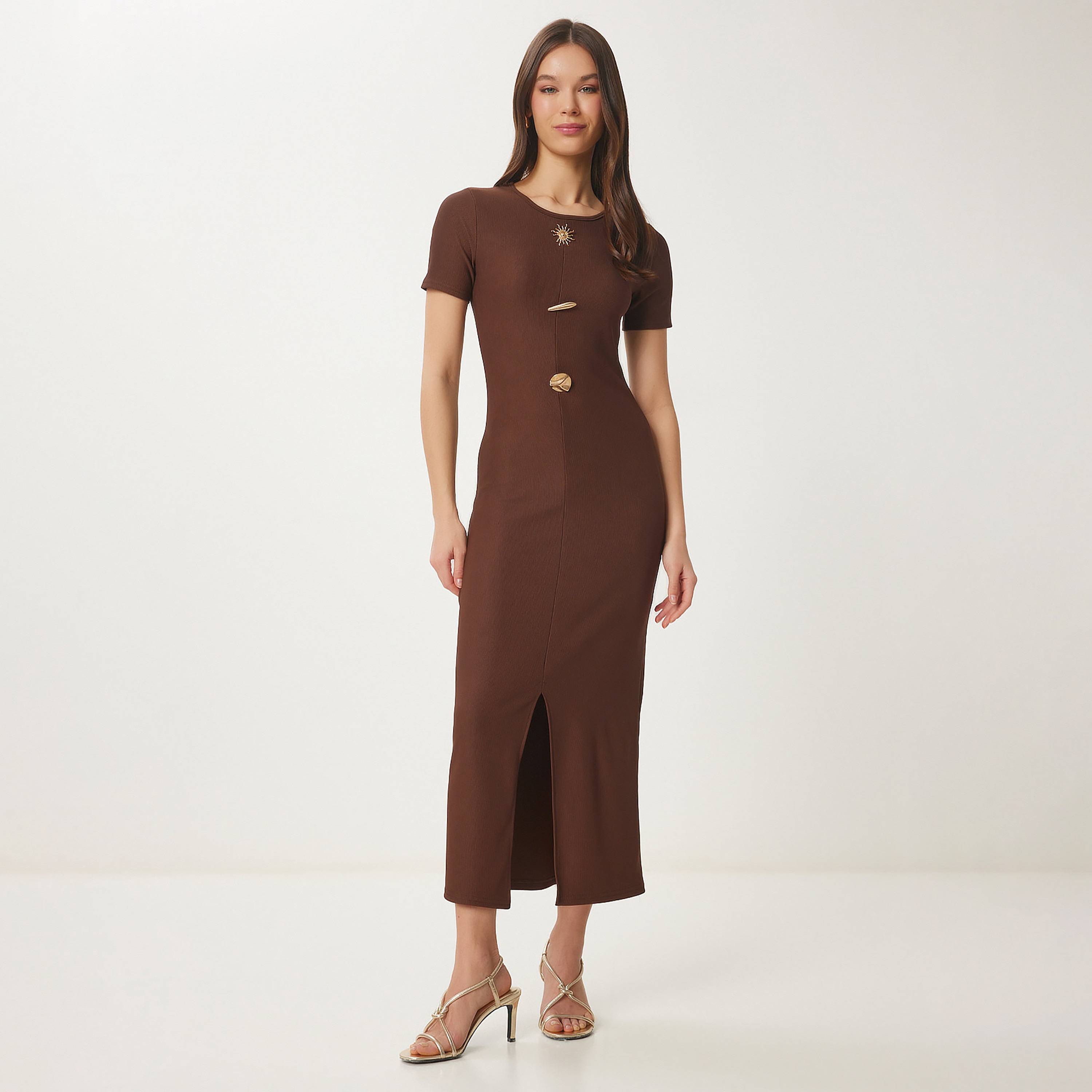 فستان نسائي ميدي بني مضلع من إسطنبول من إسطنبول-women-clothing-dresses-image-1
