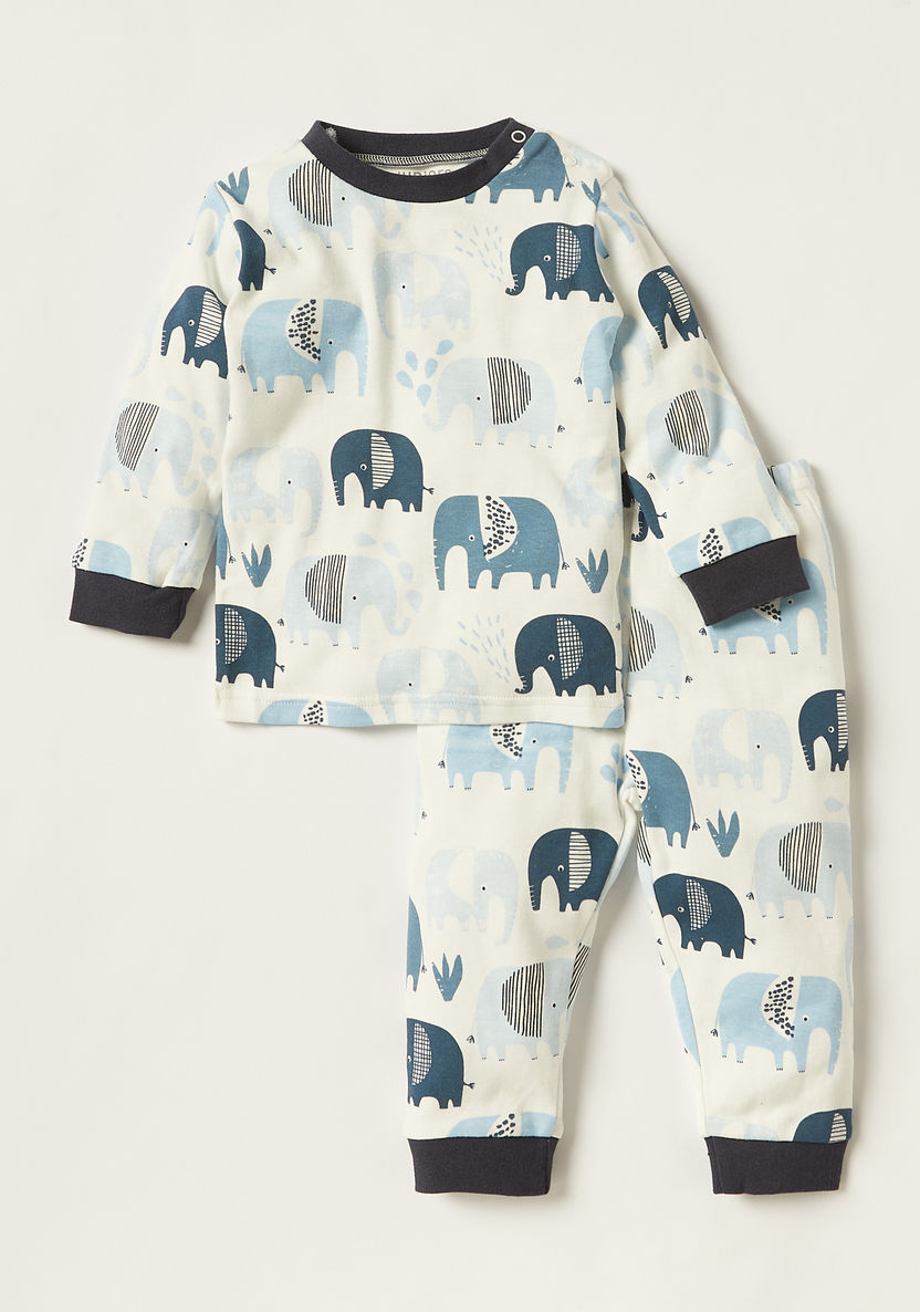 Juniors Elephant Print Round Neck T-shirt and Pyjama Set-Pyjama Sets-image-0