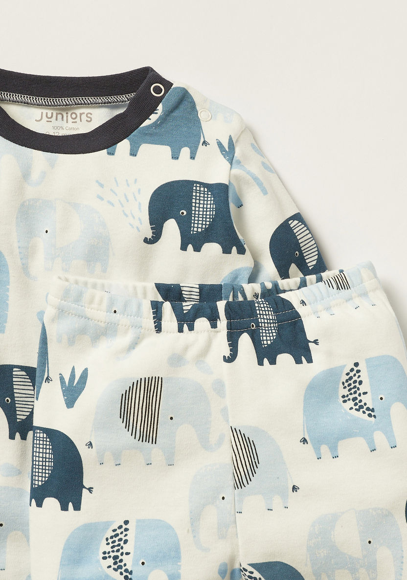 Juniors Elephant Print Round Neck T-shirt and Pyjama Set-Pyjama Sets-image-1