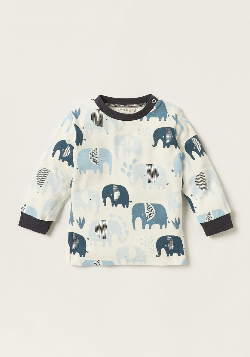 Juniors Elephant Print Round Neck T-shirt and Pyjama Set-Pyjama Sets-image-2