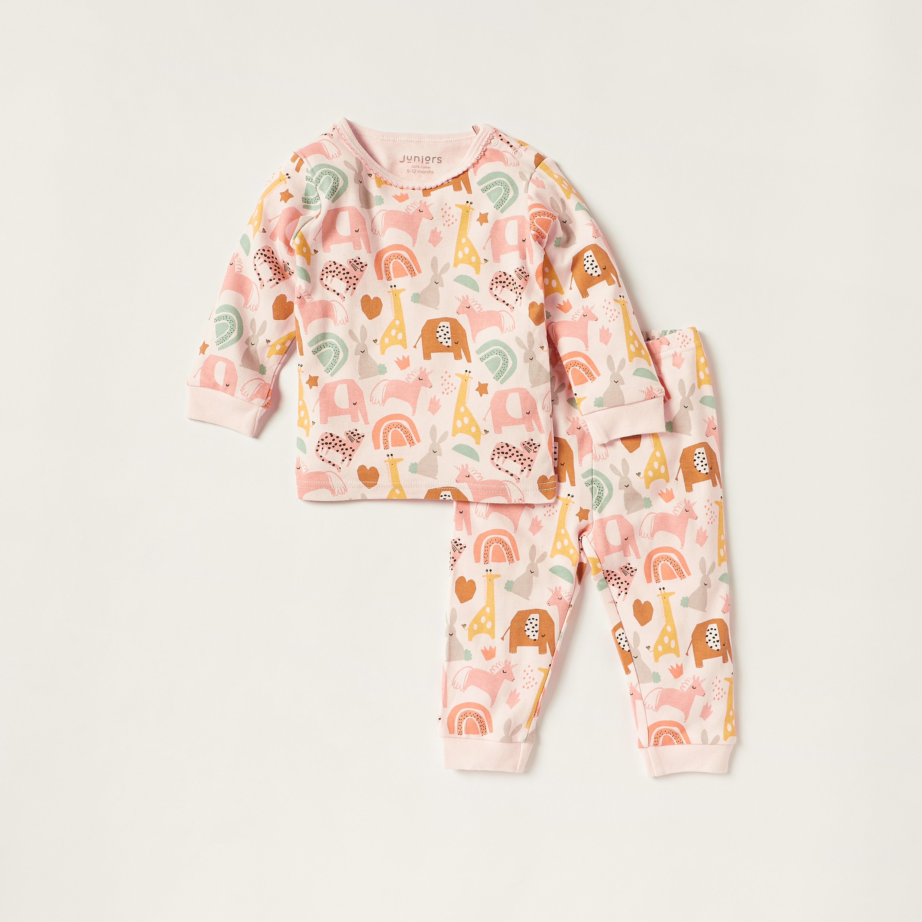 Juniors Animal Print Round Neck T-shirt and Full Length Pyjama Set-baby-girls-clothing-nightwear-pyjamasets-image-1