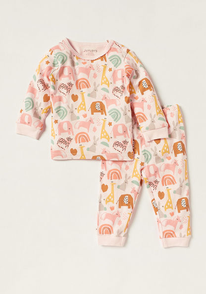 Juniors Animal Print Round Neck T-shirt and Full Length Pyjama Set