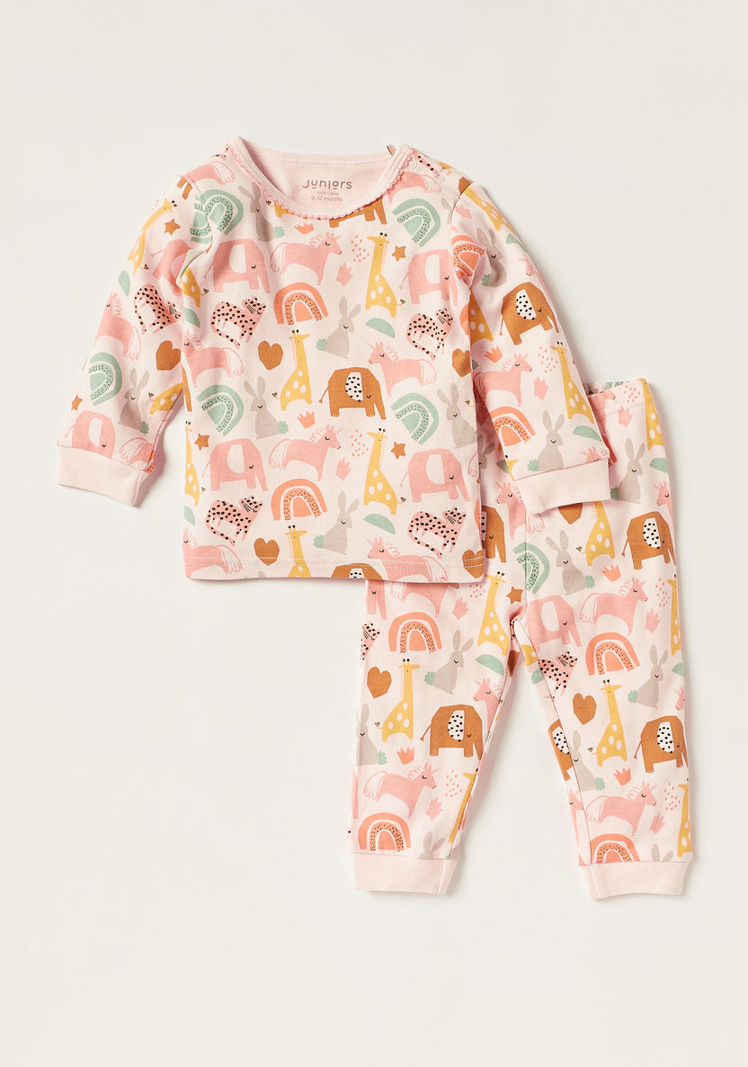 Juniors Animal Print Round Neck T-shirt and Full Length Pyjama Set-Pyjama Sets-image-0