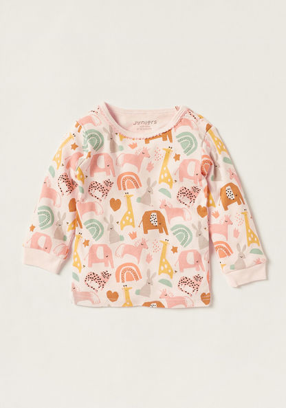 Juniors Animal Print Round Neck T-shirt and Full Length Pyjama Set
