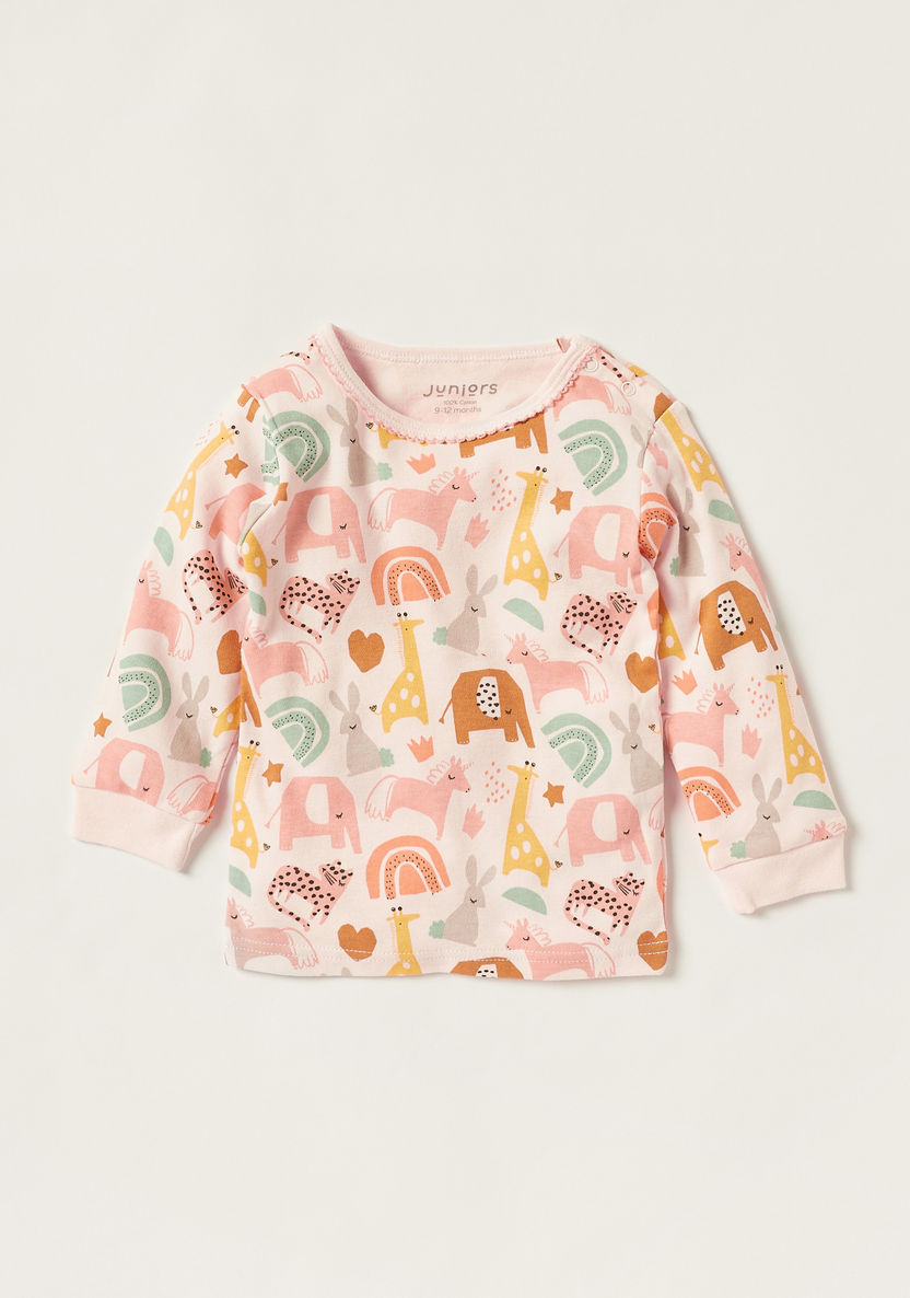 Juniors Animal Print Round Neck T-shirt and Full Length Pyjama Set-Pyjama Sets-image-3