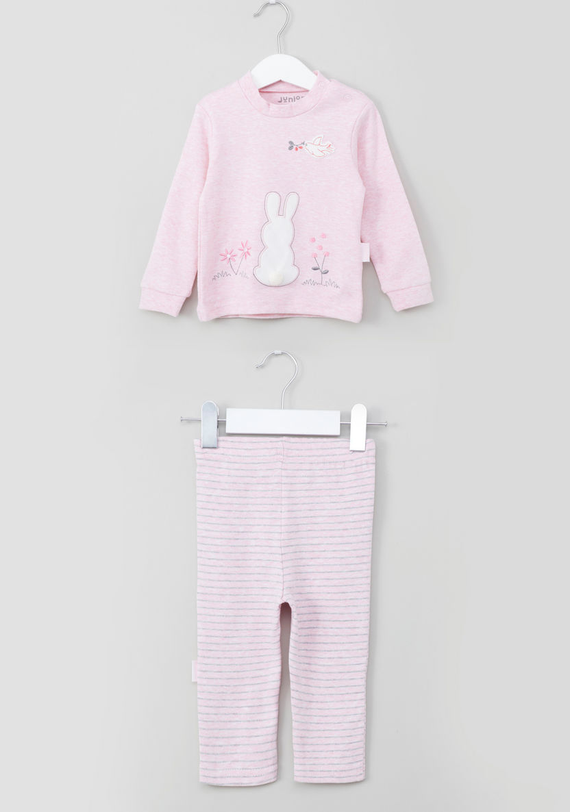 Juniors Birdy Embroidered T-shirt and Striped Pyjama Set-Pyjama Sets-image-0