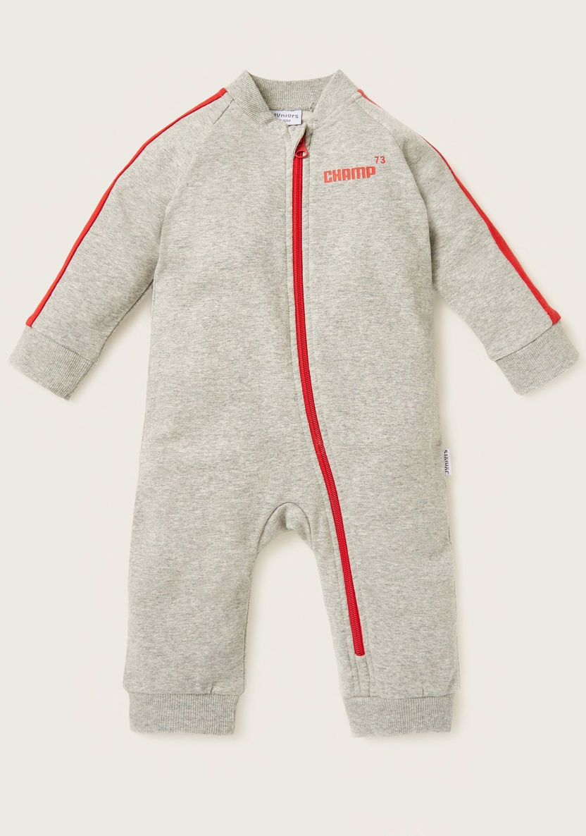 Juniors Text Print Sleepsuit with Long Sleeves and Zip Closure-Sleepsuits-image-0