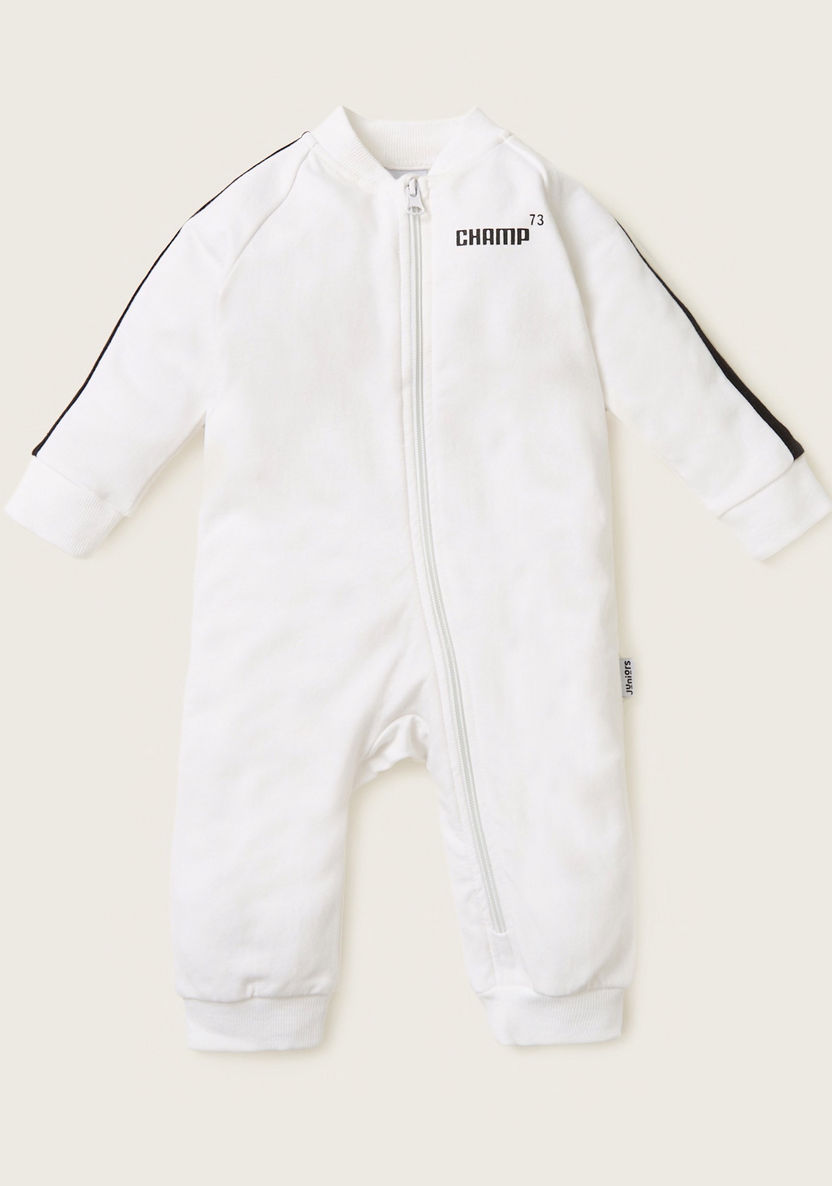 Juniors Text Print Sleepsuit with Long Sleeves and Zip Closure-Sleepsuits-image-0