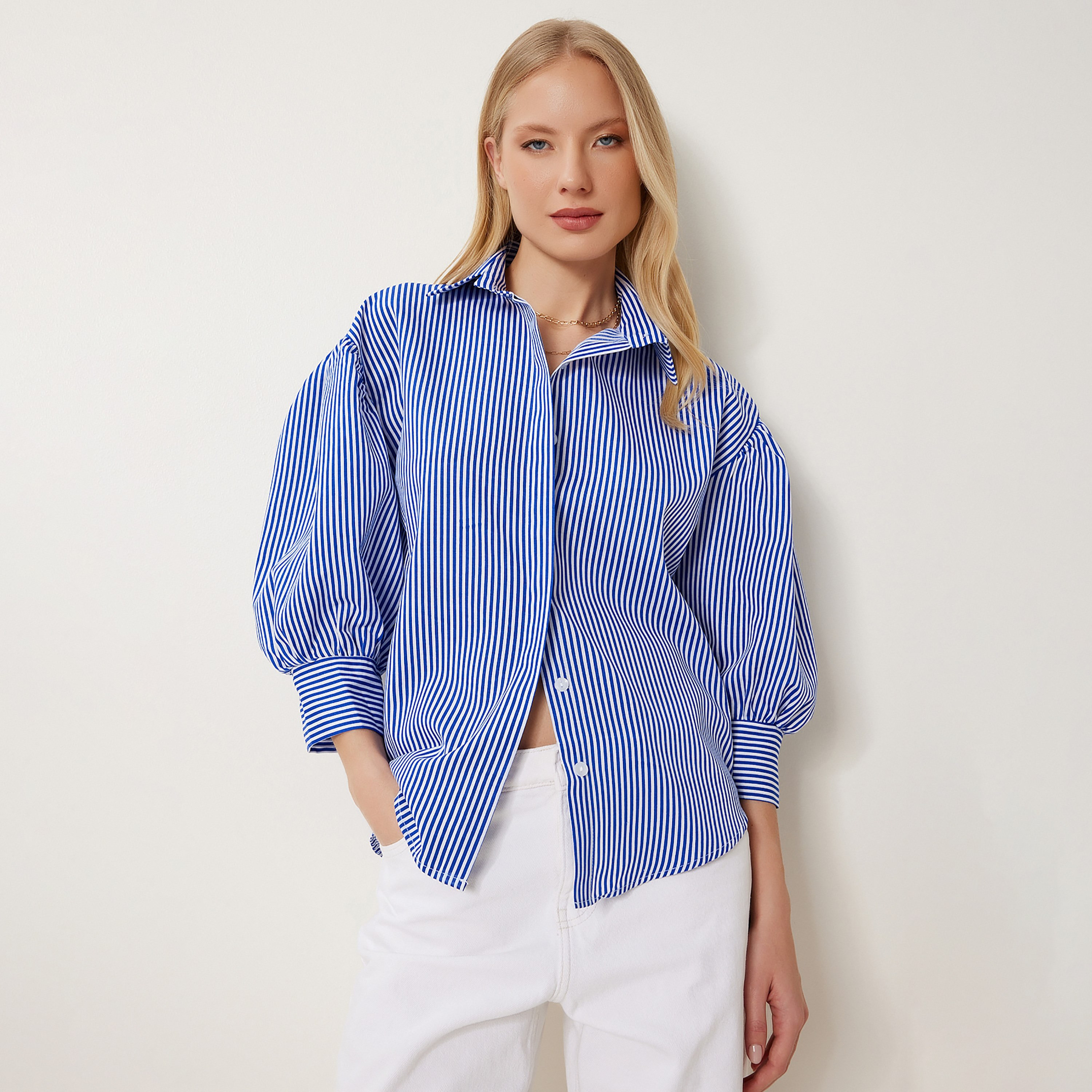 قميص نسائي بأكمام بالون مخطط أزرق من إسطنبول إسطنبول-women-clothing-shirtsandblouses-shirts-image-1