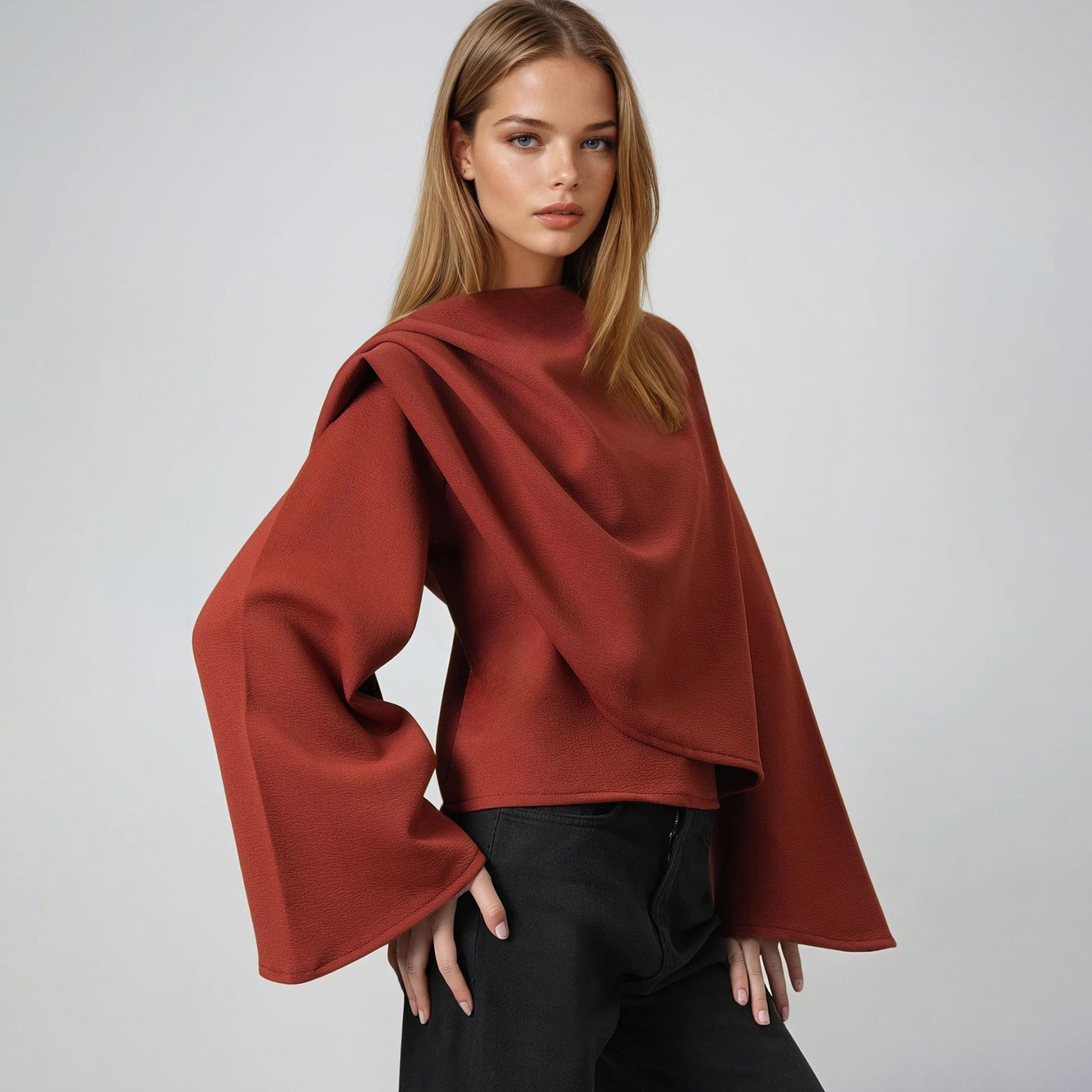 Trend Alacati Stili Textured Cowl Neck Flared Sleeves Women's Self-Shawl Detailed Wide Cut Top-women-clothing-shirtsandblouses-blouses-image-2