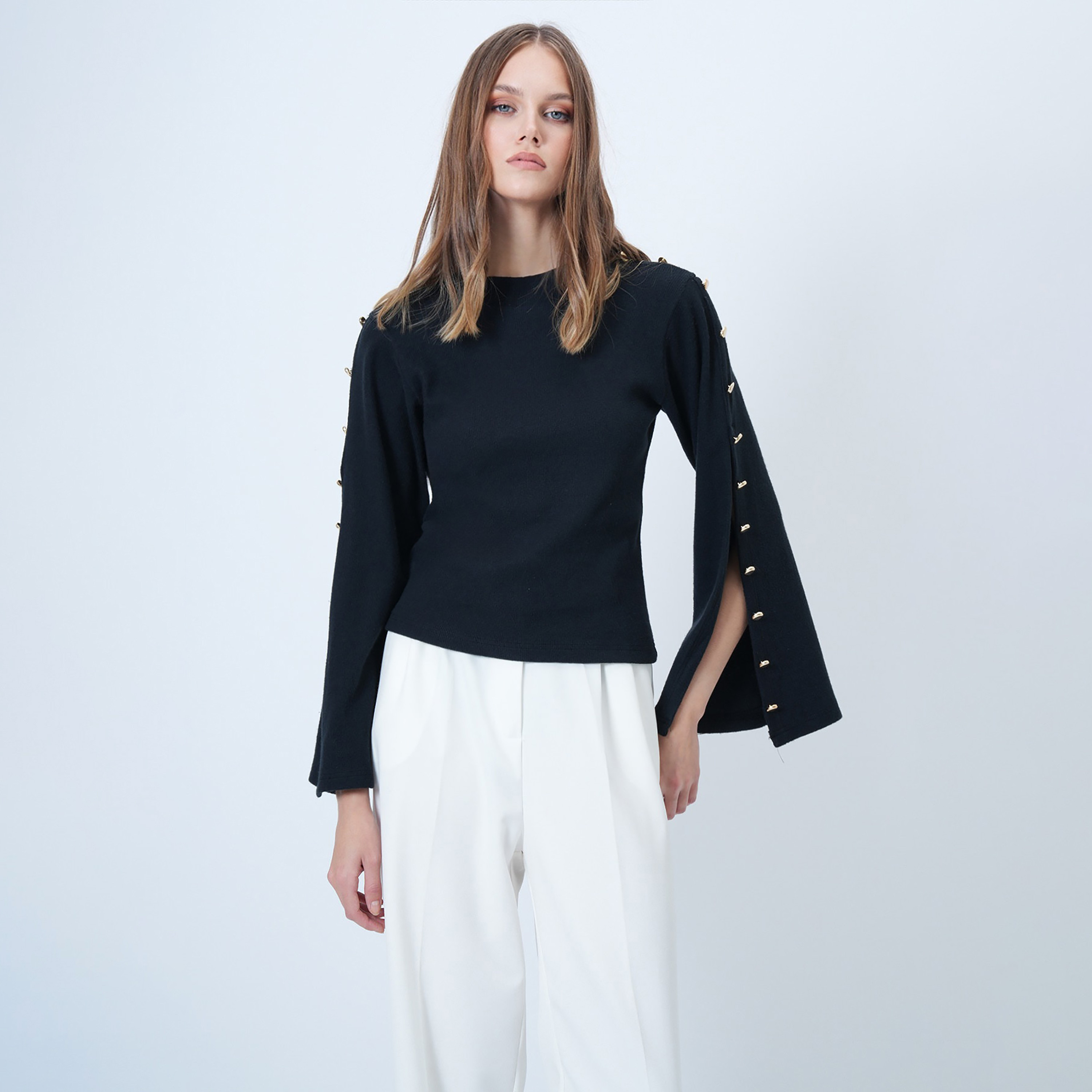 تريند ألاجاتي ستايل توب نسائي أسود بأضلاع وأكمام متسعة-women-clothing-shirtsandblouses-blouses-image-1
