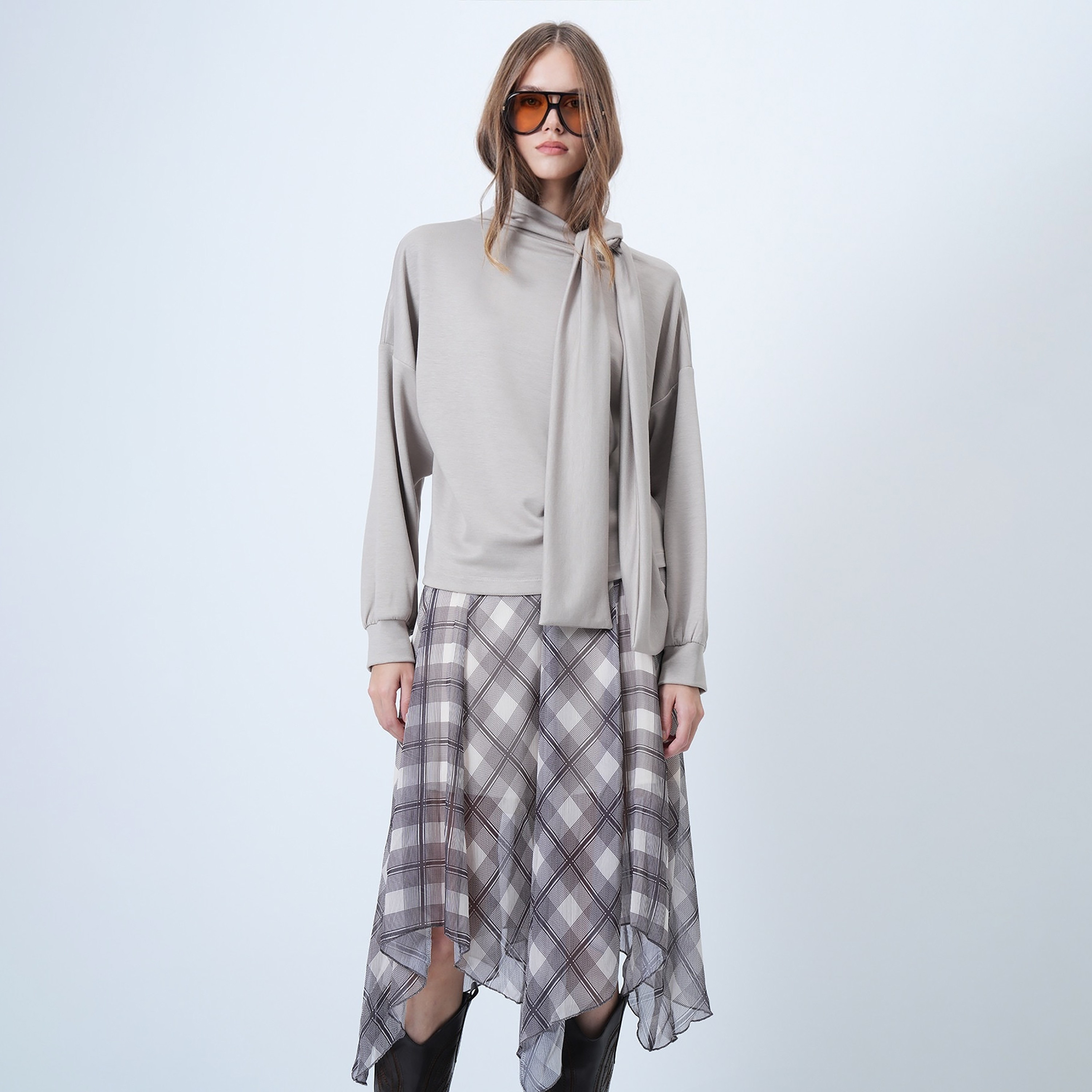 Trend Alacati Stili Grey Modal Tie-Up High Neck Drop Shoulder Sleeves Women's Top-women-clothing-shirtsandblouses-blouses-image-1
