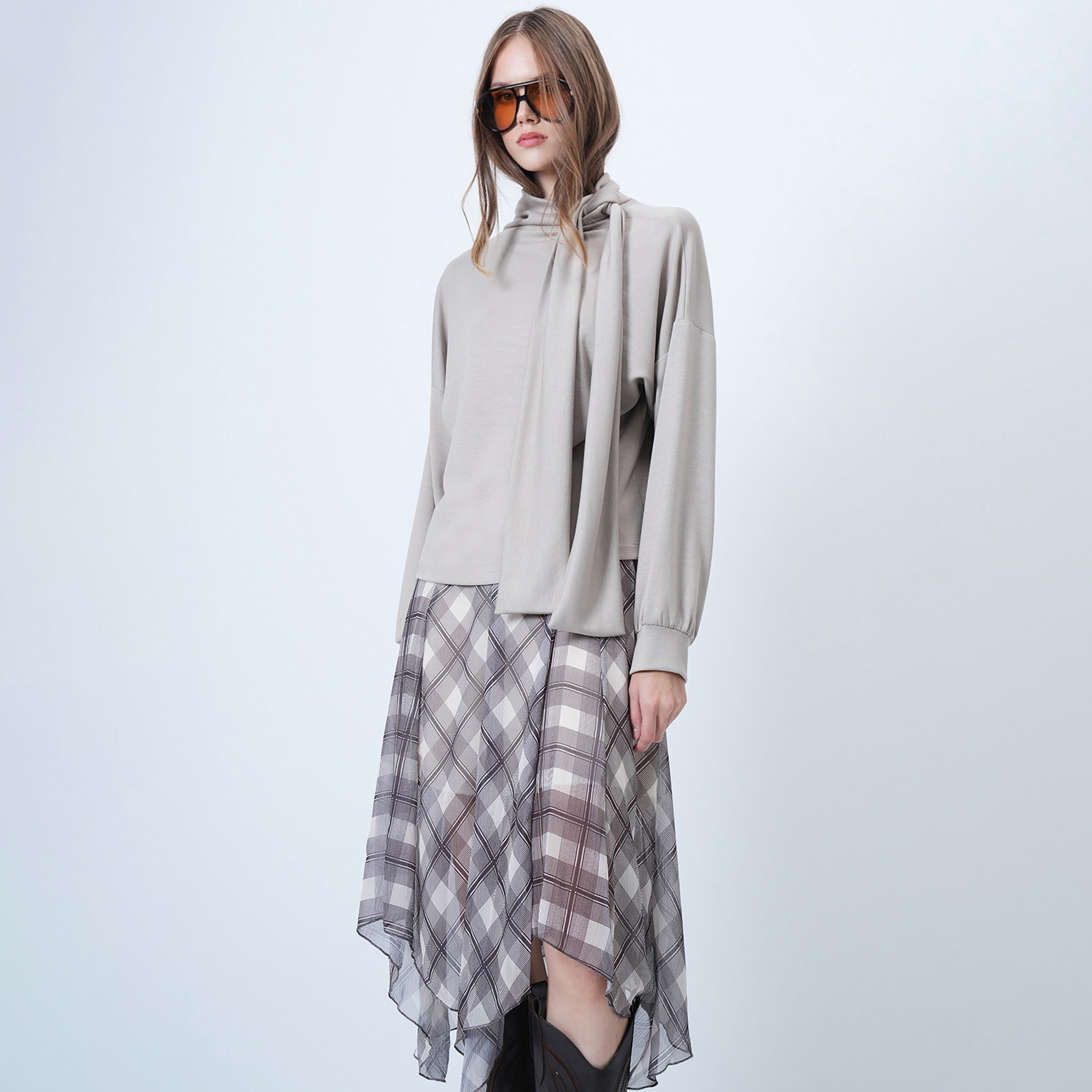 Trend Alacati Stili Grey Modal Tie-Up High Neck Drop Shoulder Sleeves Women's Top-women-clothing-shirtsandblouses-blouses-image-2