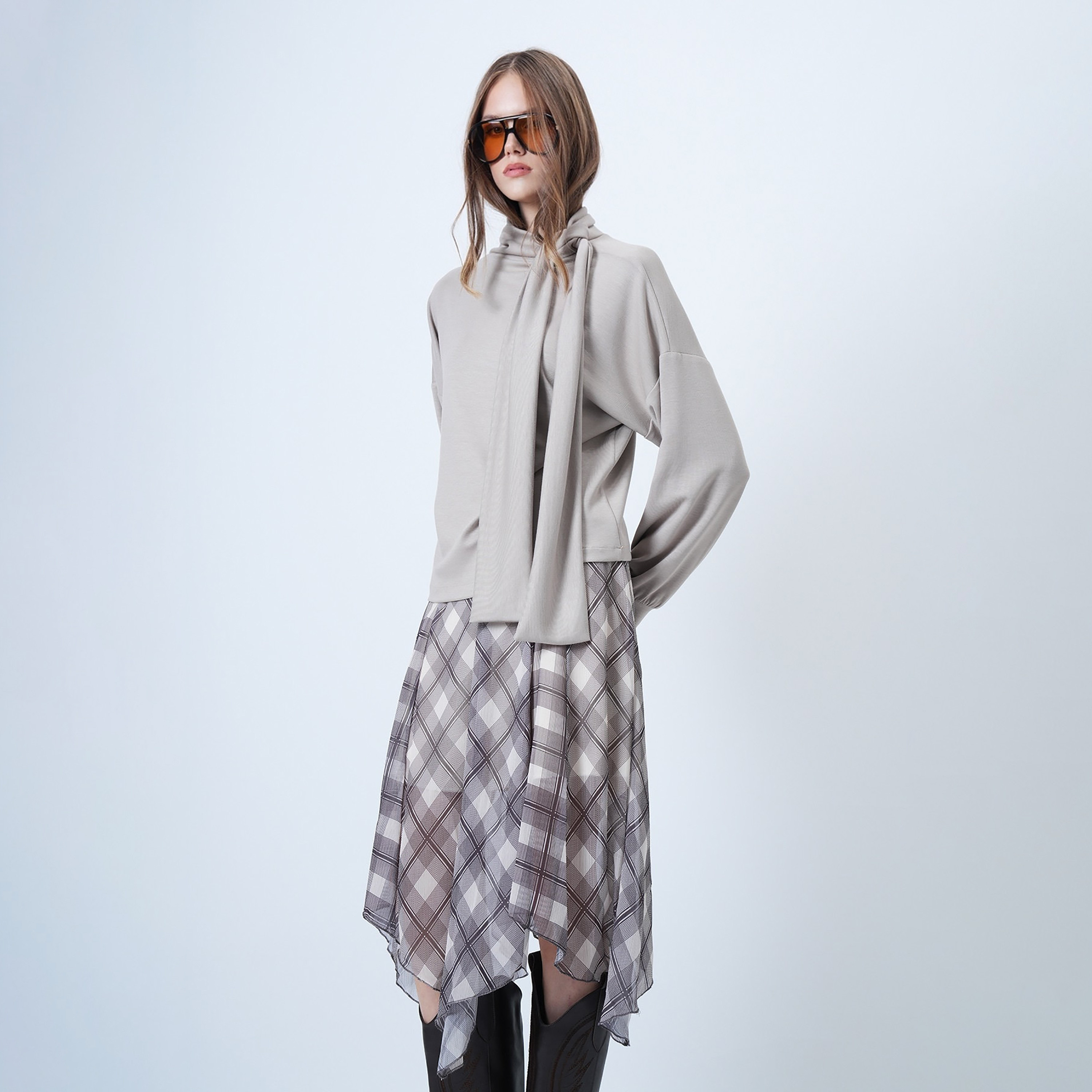 Trend Alacati Stili Grey Modal Tie-Up High Neck Drop Shoulder Sleeves Women's Top-women-clothing-shirtsandblouses-blouses-image-3