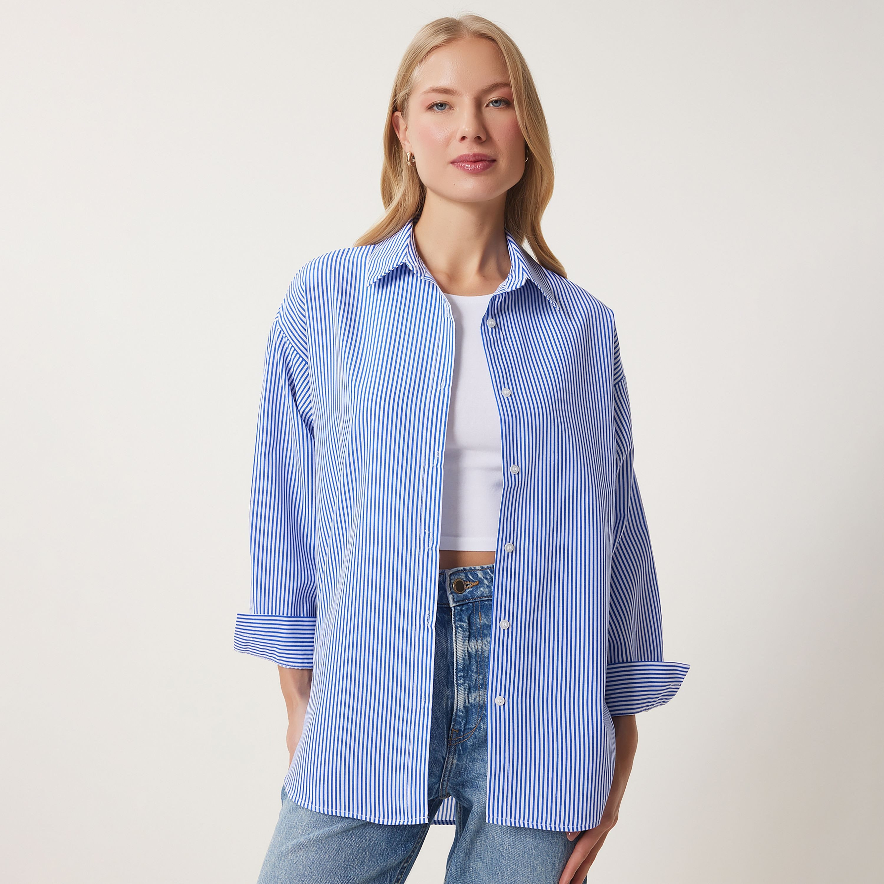 Happiness Istanbul Striped Collared Dropped Sleeves Blue Women's Shirt-women-clothing-shirtsandblouses-shirts-image-1