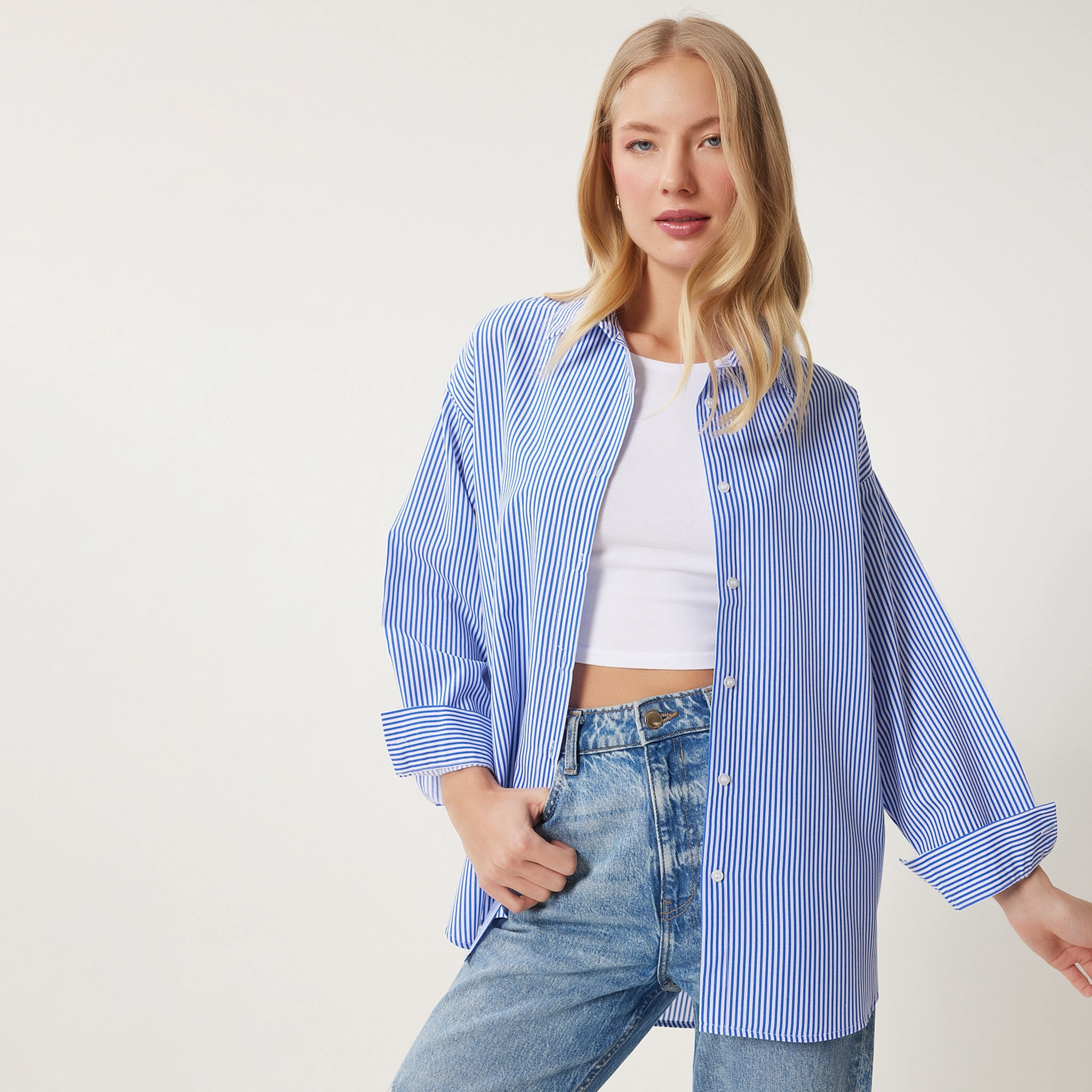 Happiness Istanbul Striped Collared Dropped Sleeves Blue Women's Shirt-women-clothing-shirtsandblouses-shirts-image-2