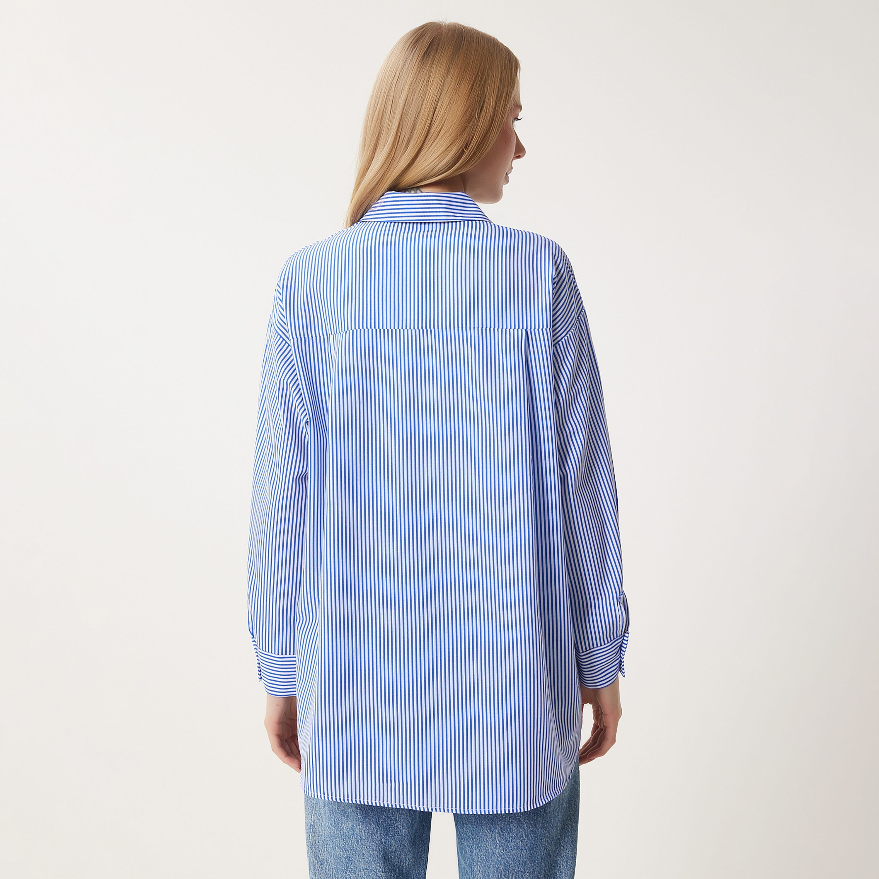 Happiness Istanbul Striped Collared Dropped Sleeves Blue Women's Shirt-women-clothing-shirtsandblouses-shirts-image-3